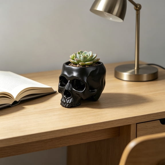 Black Halloween Resin Skull Container, Spooky Skeleton Head Candy Snack Bowl, Multifunctional Storage Holder for Home Office Desk Gothic Tabletop Decor (4.53*3.94in)