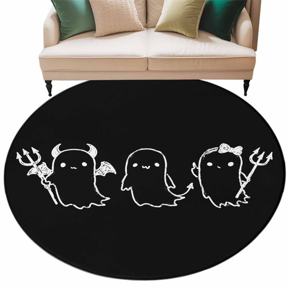 Black Halloween Round Rug 7ft Washable Circle Rugs Non Slip Funny Ghost Cute Cartoon Spooky Large Area Rug Indoor Floor Carpet for Bedroom Kitchen Living Room Home Office Dining Room Nursery
