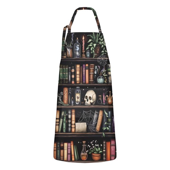 Black Halloween Skull Book Apron-Garden Aprons for Women with Pockets-Cotton Linen Waterproof Kitchen Cooking Gardening Aprons Adjustable for Kitchen,Cooking,BBQ and Salon 32"x27"
