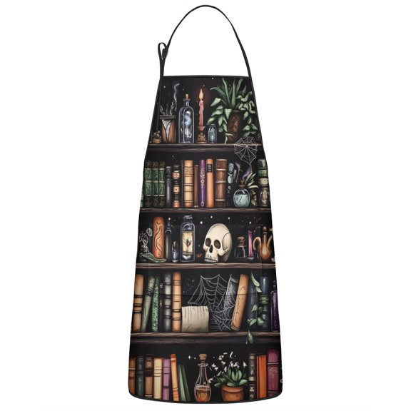 Black Halloween Skull Book Pattern Apron-Garden Aprons for Women with Pockets-Cotton Linen Waterproof Kitchen Cooking Gardening Aprons Adjustable for Kitchen,Cooking,BBQ and Salon 33"x27"