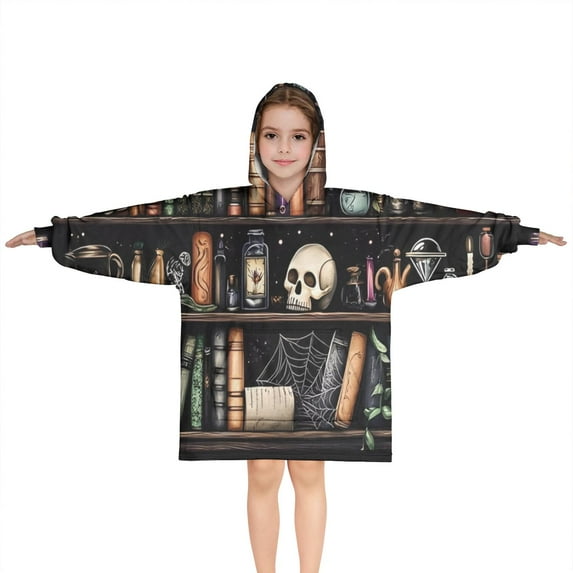 Black Halloween Skull Book Pattern Blanket Hoodies for Kids 6-13YR Oversize Wearable Blanket Hoodies for Boys Girls Teens