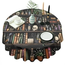 Black Halloween Skull Book Pattern Round Tablecloth 60"x60",Wrinkle Wipeable Table Cloth for Kitchen Dining Room Picnic Patio Party