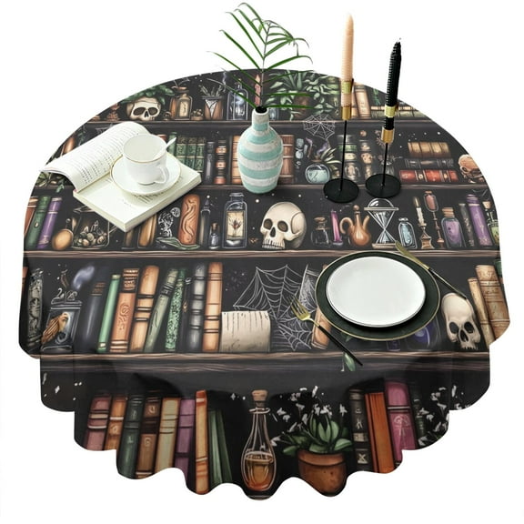Black Halloween Skull Book Pattern Round Tablecloth 60"x60",Wrinkle Wipeable Table Cloth for Kitchen Dining Room Picnic Patio Party