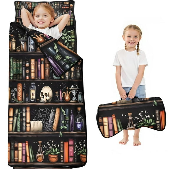 Black Halloween Skull Book Pattern Toddler Nap Mats for Kids Preschool,60"x20" Sleeping Mat Bag or Kids,Toddler Sleeping Bag,Toddler Nap Mat or Daycare