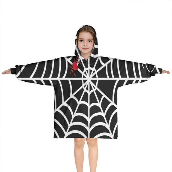 Black Halloween Spider Webs Blanket Hoodies for Kids 6-13YR Oversize Wearable Blanket Hoodies for Boys Girls Teens