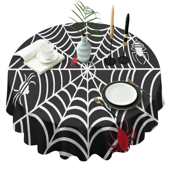 Black Halloween Spider Webs Round Tablecloth 60"x60",Wrinkle Wipeable Table Cloth for Kitchen Dining Room Picnic Patio Party
