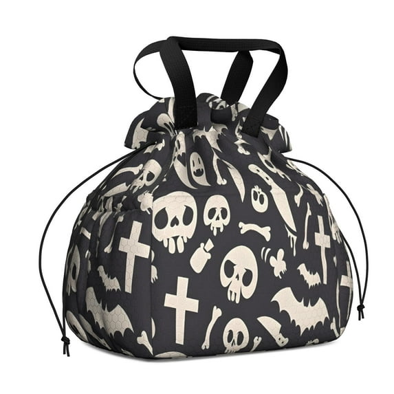 Black Halloween Spooky Elements Drawstring Lunch Bag Women - Drawstring Lunch Bag Insulated for Work Office - Stain-Resistant Large Lunchbags for Women with Multi-Pockets