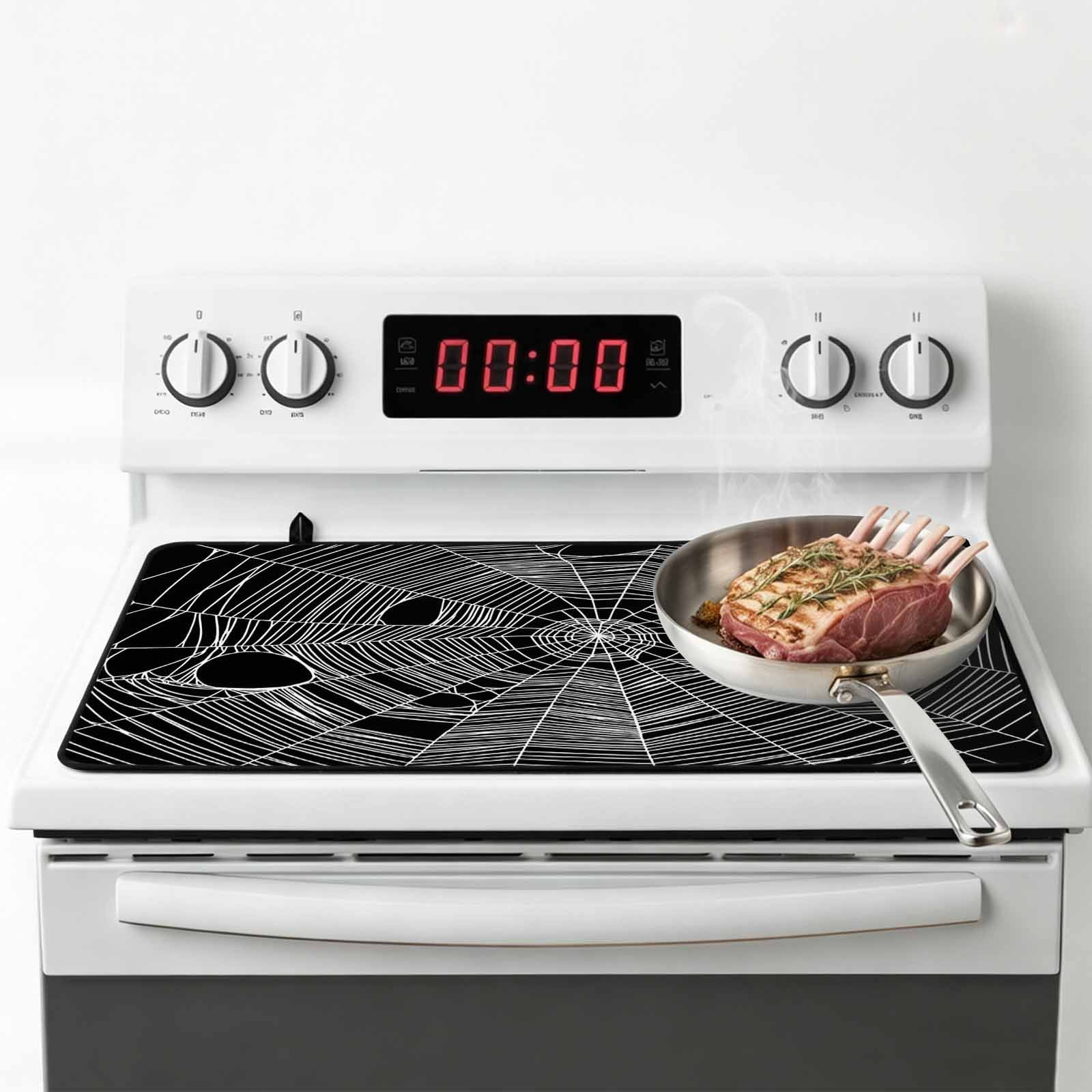 Black Halloween Stove Top Cover for Electric Stove, Heat-proof & Non Slip Glass Top Stove Cover Protector, Country Vintage White Cobweb Scary Kitchen Flat Cooktop Rubber Mat 24x21 Inches