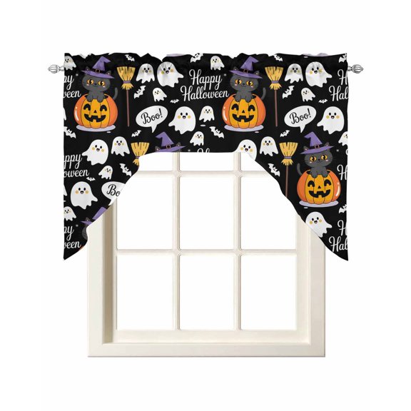 Black Halloween Swag Valances for Windows, Small Curtains Drapes, Pumpkins Cat Ghost Bat Kitchen Window Curtains Over Sink Rod Pocket Window Treatment Valance for Bedroom/Bathroom 56"x36"