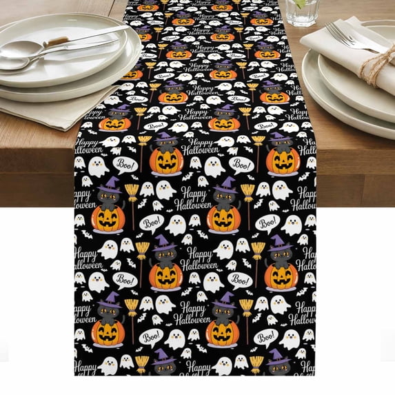 Black Halloween Table Runner - 48 Inch Long, Kitchen Dining Table Runner Dresser Scarves, Pumpkins Cat Ghost Bat Farmhouse Decor for Coffee Tables Wedding Party Banquet