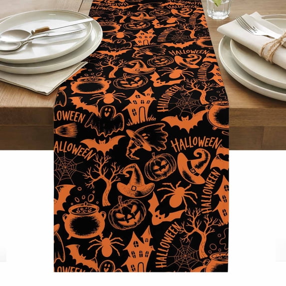 Black Halloween Table Runner - 90 Inch Long, Kitchen Dining Table Runner Dresser Scarves, Orange Spooky Pumpkin Ghost Cobweb Farmhouse Decor for Coffee Tables Wedding Party Banquet