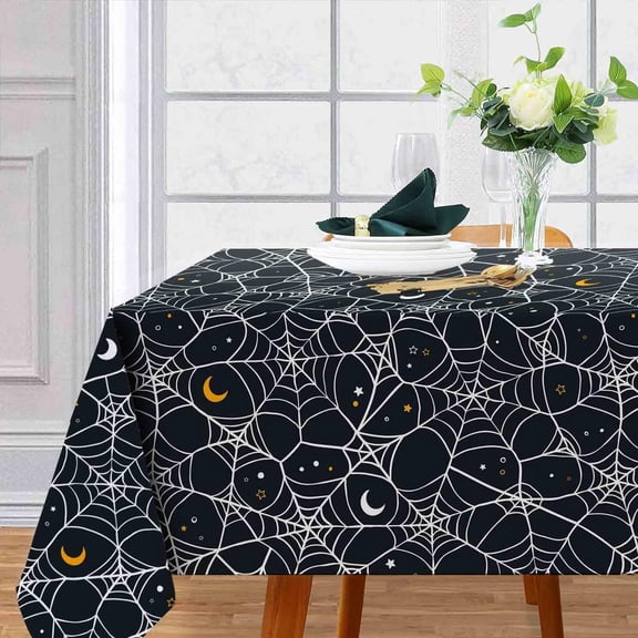 Black Halloween Tablecloth Spider Web, Moon, Stars Fabric Table Cloth Washable Trick or Treat Table Cover for Picnic Home Kitchen Party Dining Table Decor, 60 x 84 Inch, W-S-J-Z-B-S018-01