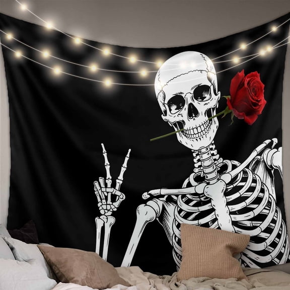 Black Halloween Tapestry for Bedroom Wall Hanging Tapestry, Scary White Skull Skeleton Red Rose Ceiling Backdrop Tapestries Poster Blanket Wall Decor for Teens Room Living Room Dorm 59" x 79"