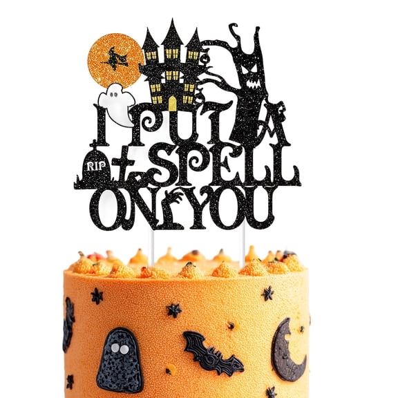 Black Halloween Theme Witch I Put A Spell On You Cake Topper Double Sided Glitter Cardstock Cake Insert for Halloween Party Dessert Table Decoration Photo Booth Cake Decor Sold Separately