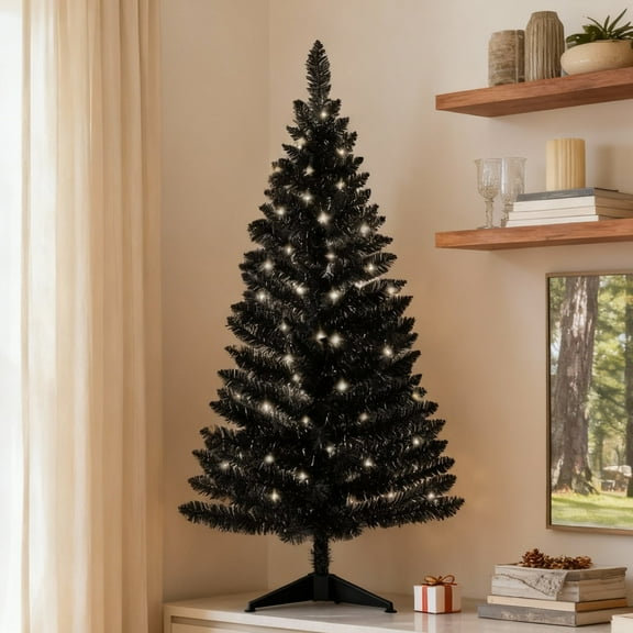 Bringstar 4FT Black Artificial Christmas Tree with 50 String Lights, Mini Tinsel Tree, Not Pre-Lit, for Halloween & Holiday Home & Office Décor