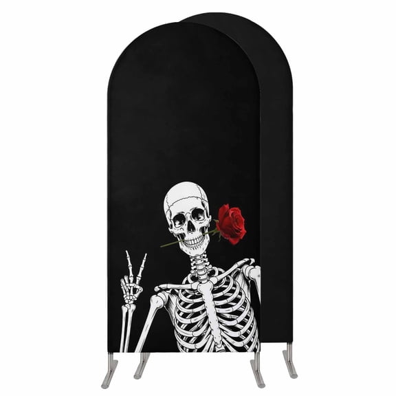 Black Halloween Wedding Arch Cover, Stretchy Spandex Arch Backdrop Stand Covers 4 FT, Scary White Skull Skeleton Red Rose Round Top Arched Backdrop Cover for Birthday Party Ceremony Baby Shower Event