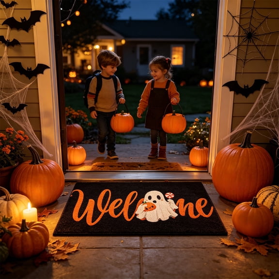 Black Halloween Welcome Ghost Pumpkin Print Floor Mat, 24x16in Anti-Slip Fleece Rug, Spooky Ghost Holding Candy Doormat for Front Entryway Porch Bathroom Kitchen Indoor Fall Holiday Home Decor