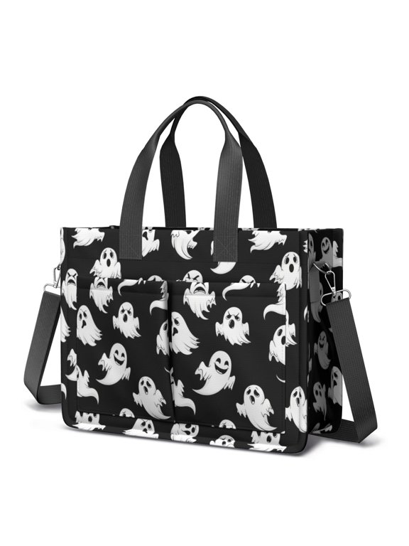 Black Halloween White Ghosts Canvas Messenger Tote Bag, Laptop Shoulder Bag with Multi Pockets & Removable Strap, Magnetic Closure Gifts for Work Travel Shopping