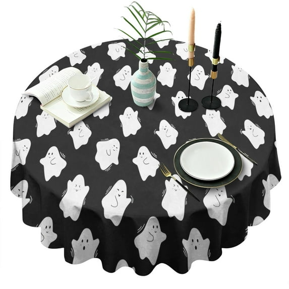 Black Halloween White Ghosts Round Tablecloth 60"x60",Wrinkle Wipeable Table Cloth for Kitchen Dining Room Picnic Patio Party