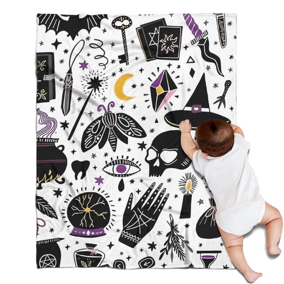 Black Halloween Witchcraft Elements Blanket,Comfortable Soft Flannel Throw Blanket,All Season,Warm Lightweight Blankets for Sofa Bed Couch Living Room Chair,30"x40"