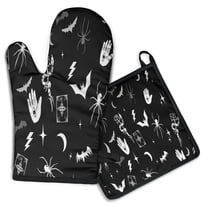 Black Halloween Witchy Symbols Kitchen Oven Mitt and Pot Holder Sets 2 Pcs for Baking, Cooking and Grilling, Heat Resistant Up To 392 °F