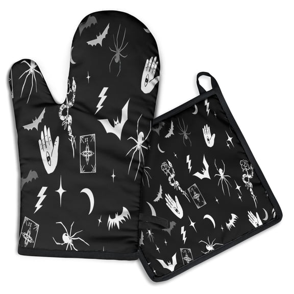 Black Halloween Witchy Symbols Kitchen Oven Mitt and Pot Holder Sets 2 Pcs for Baking, Cooking and Grilling, Heat Resistant Up To 392 °F