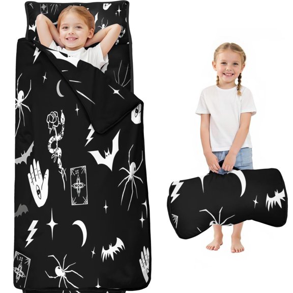 Black Halloween Witchy Symbols Toddler Nap Mats for Kids Preschool,60"x20" Sleeping Mat Bag or Kids,Toddler Sleeping Bag,Toddler Nap Mat or Daycare