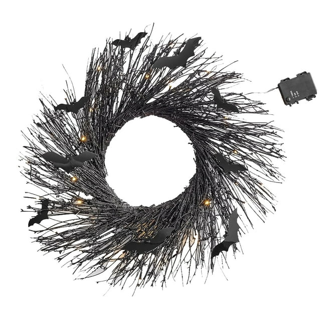 Large Outdoor Front Scary Black Halloween Wreath with Glitter Bats Door