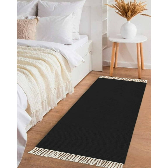 Black Hallway Runner Rug 2x5ft, Pure Black Washable Woven Living Room Bedroom Kitchen Bathroom Carpet with Tassels, Non-Shedding Indoor Outdoor Throw Door Mat for Entryway