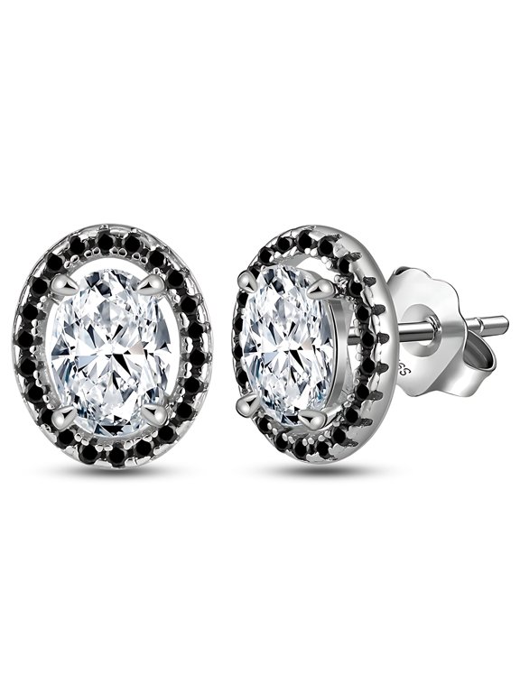Black Halo Oval Cut Stud Earrings for Women Simulated Diamond Sterling Silver Ginger Lyne