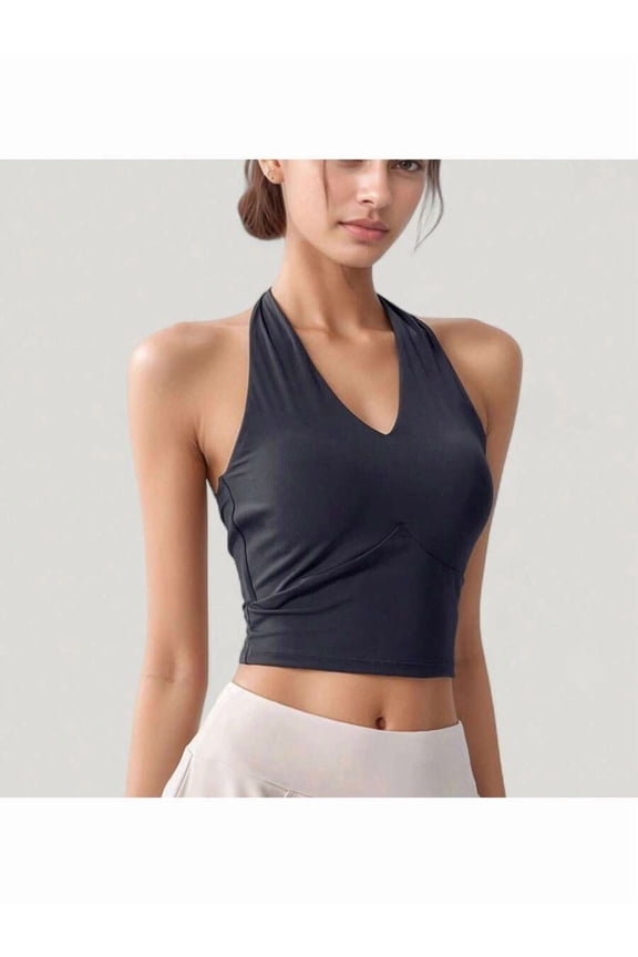 Black Halter Neck Crop Top With Contoured Waist And Soft Stretch Fabric