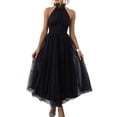 thumbnail image 1 of Black Halter Neck Tulle High Waist A-Line Midi Dress With Backless Detail, 1 of 5