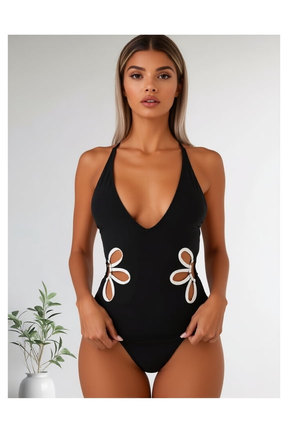 Black Halter Swimsuit - Women's One Piece Cutout Floral Bathing Suit, Stretchy Bodysuit for Beach, Pool, Vacation, Flattering Swimwear