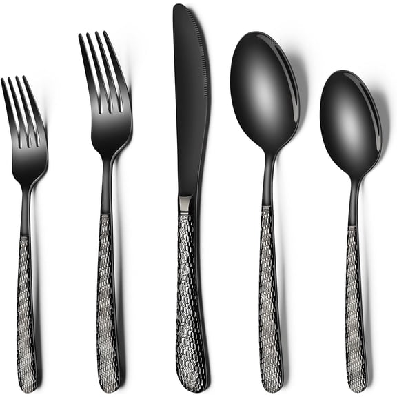 Black Hammered Silverware Set, 20-Piece Stainless Steel Heavy Duty Flatware Set for 4, Food-Grade Tableware Cutlery Set, Utensil Sets for Home Restaurant, Mirror Finish
