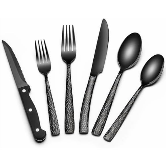 Black Hammered Silverware Set with Steak Knives, 24-Piece Stainless Steel Wave Flatware Set for 4, Food-Grade Tableware Cutlery Set, Utensil Sets for Home Restaurant, Mirror Finish, Dishwasher Safe