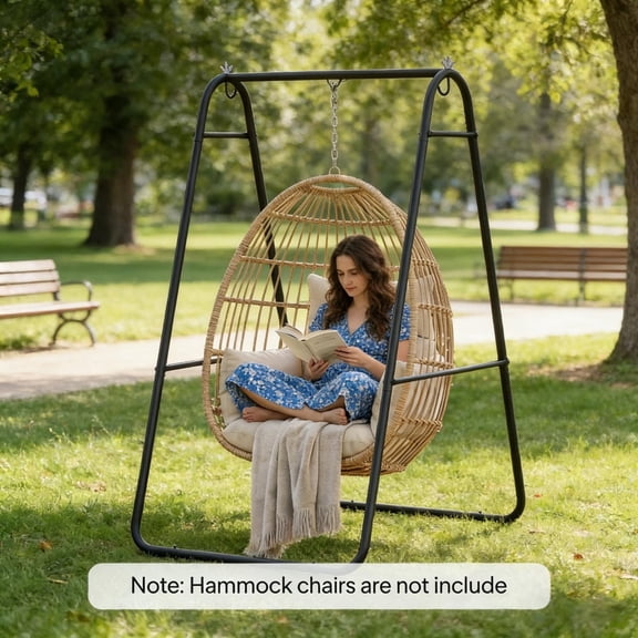 Black Hammock Chair Stand Unique A-Frame with 1.3" Tubes 330 Lbs Capacity Powder-Coated Steel Stand with 3 Hanging Rings & Hardware (52"x40.9"x72")