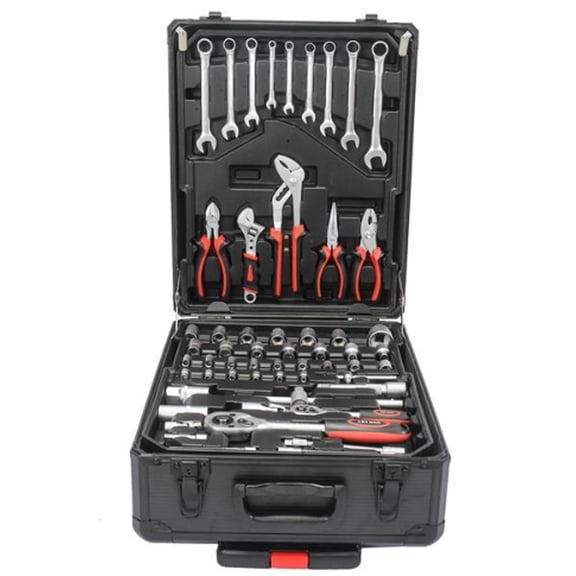 Black Hand Tool Box with 4-Tier Tool Set and Wheels