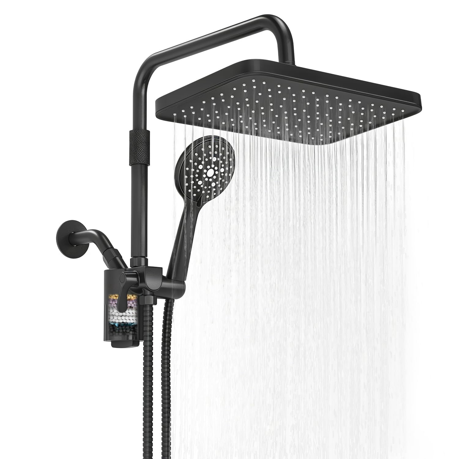 Black Handheld Filtered Shower Head with 12 Inch Rain Adjustable Extension Arm Dual Filter Kit