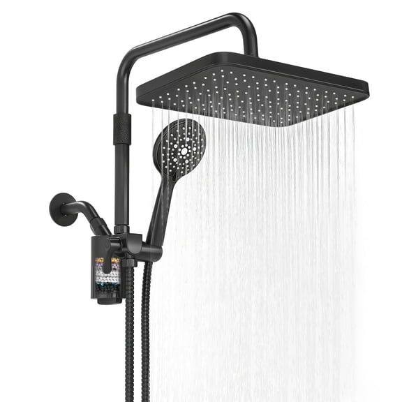 Black Handheld Filtered Shower Head with 12 Inch Rain Adjustable Extension Arm Dual Filter Kit
