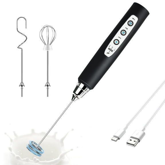Black Handheld Milk Frother Wand for Coffee, Rechargeable Electric Whisk with 3 Heads 3 Speeds Drink Mixer Coffee Frother For Latte, Cappuccino, Hot Chocolate, Egg
