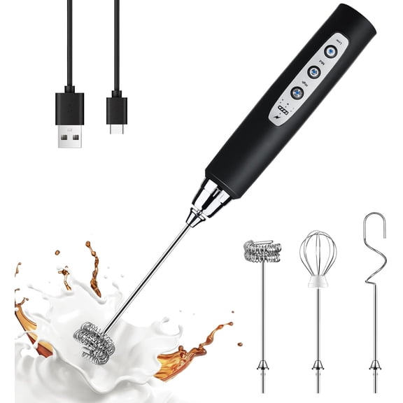 Black Handheld Milk Frother Wand for Coffee, Rechargeable Electric Whisk with 3 Heads 3 Speeds Drink Mixer Coffee Frother For Latte, Cappuccino, Hot Chocolate, Egg
