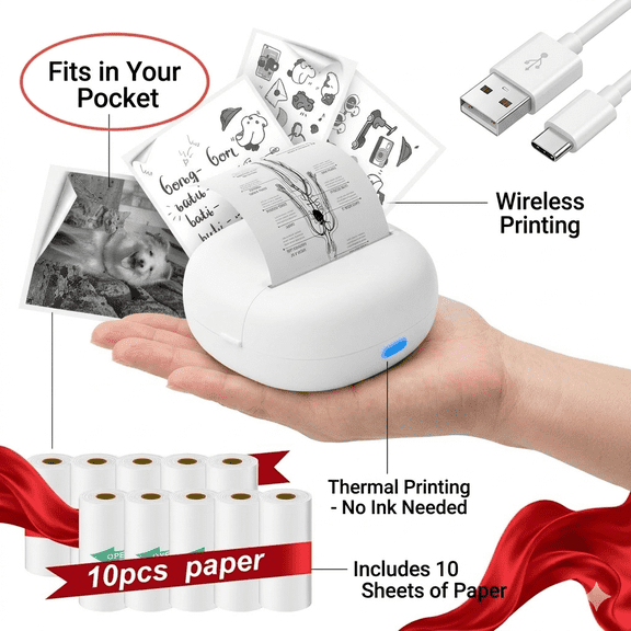YDLW Mini Portable Thermal Label Printer with 10 Rolls Sticker Paper,Portable Receipt & Label Printer, Bluetooth Connectivity, USB Charging