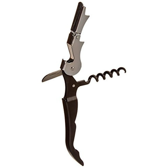 Black Handled Double Hinged Waiters Corkscrew Professional Stainless Steel 5 Turn Worm and Serrated Foil Cutter ~ Open Beer/Wine Bottles by BlueDot Trading
