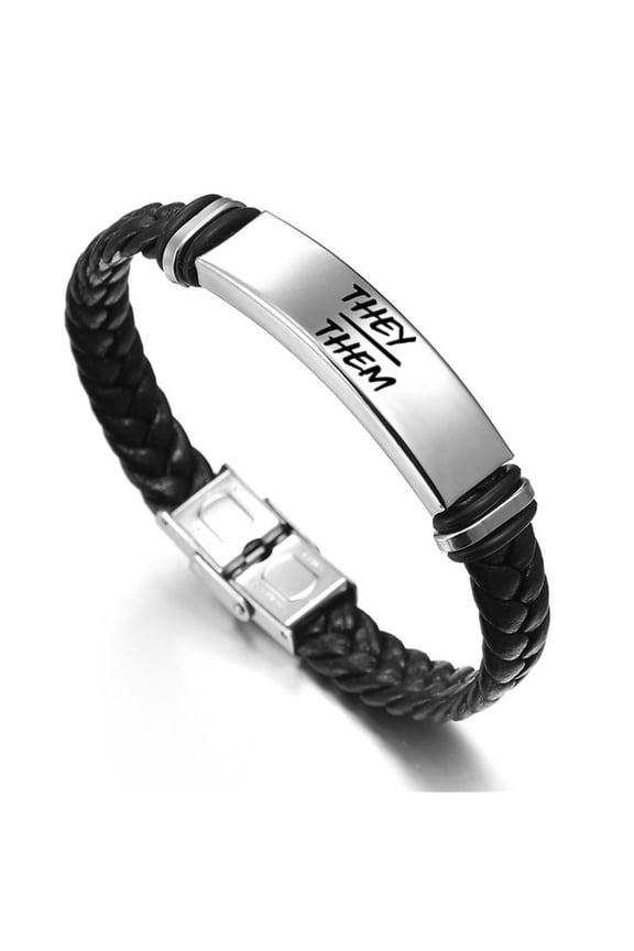 Black Handmade Leather They Them Pronoun Bracelet Non-Binary Bangle - NB Pride Genderqueer Gender Identity Jewelry, 8.26''