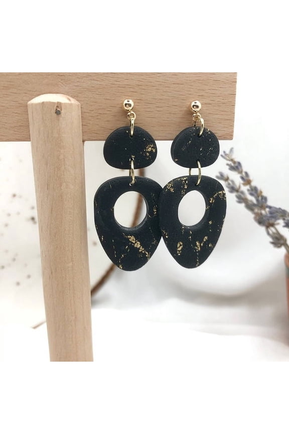 Waves Handmade Polymer Clay Earrings for Women, Black Lightweight Hypoallergenic Earrings with Gold Tone Hardware