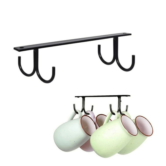Black Hanging Coffee Cup Rack,Mug Organizer Rack with 4 Hooks for Displaying Mugs, Modern Mug Storage Display Rack for Kitchen,Coffee,Bar