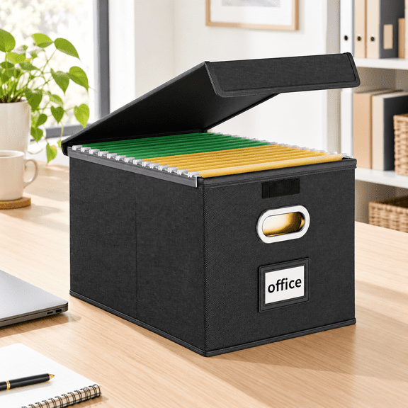 Black Hanging Folder File Organizer Box with Lid and Sliding Rails