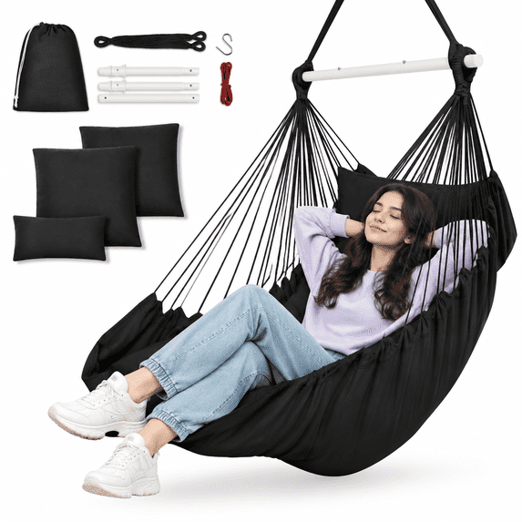 Black Hanging Hammock Chair with Foot Rest, Cushions, and Metal ...