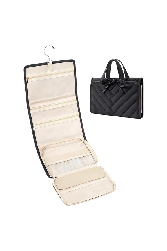 Black Hanging Jewelry Organizer Bag Large Capacity Travel Case With Zippered Pockets Earring Panel Foldable Storage For Necklaces Bracelets Rings Black