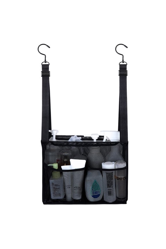 Black Hanging Mesh Shower Caddy with 4 Storage Pockets & Detachable Hooks, Adjustable Portable Bathroom Organizer Bag for College Dorm Gym Swimming RV Travel Use